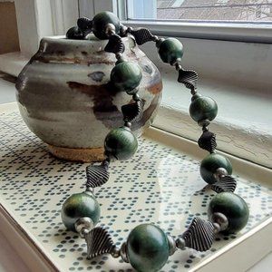 Vintage Wooden Green and Metal Beaded Necklace